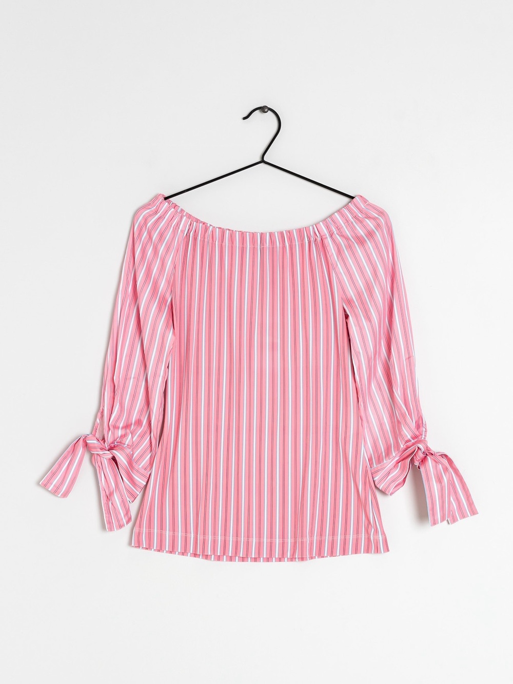 Marc Cain Pink and White Striped Off-Shoulder Tie-Sleeve Blouse - Picture 2 of 4